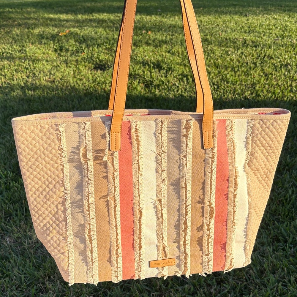 Vera Bradley Tan and Coral Striped Tote Bag with hidden zippered pocket